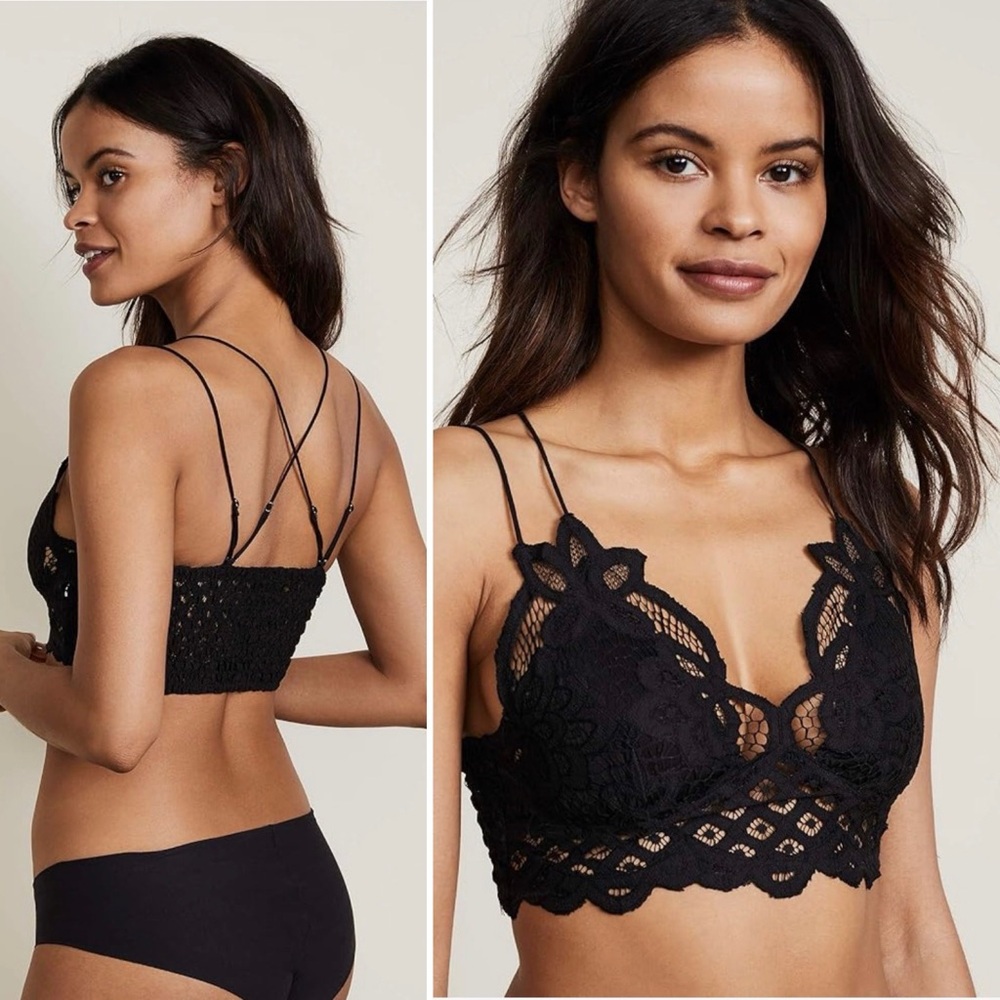 NEW FREE PEOPLE ADELLA LACE BRALETTE BRA CROP TOP CUT OUT FLORAL BLACK MEDIUM